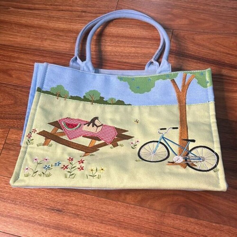 Unbranded blue cotton picnic in the park satchel purse unique 3D bag